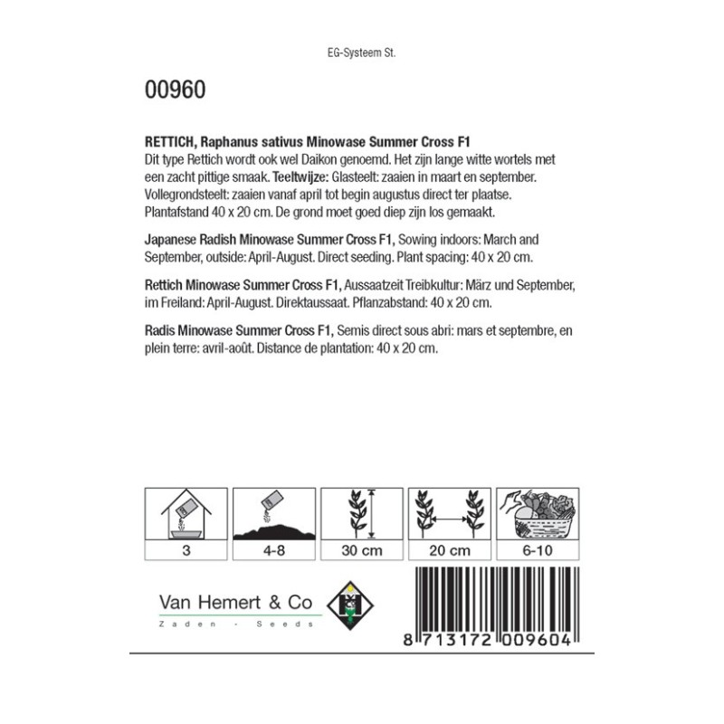 Rettich / Daikon, Raphanus sativus 'Minowase S.C. F1' -zaden- Rettich / Daikon, Raphanus sativus 'Minowase S.C. F1' -zaden-